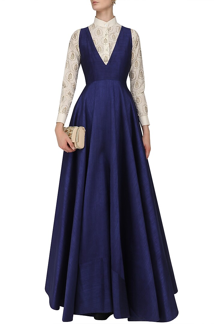 Dark blue flared gown with off white foil print shirt available only at Pernia's Pop Up Shop.
