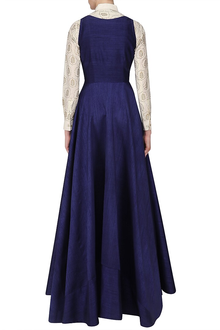Dark blue flared gown with off white foil print shirt available only at Pernia's Pop Up Shop.