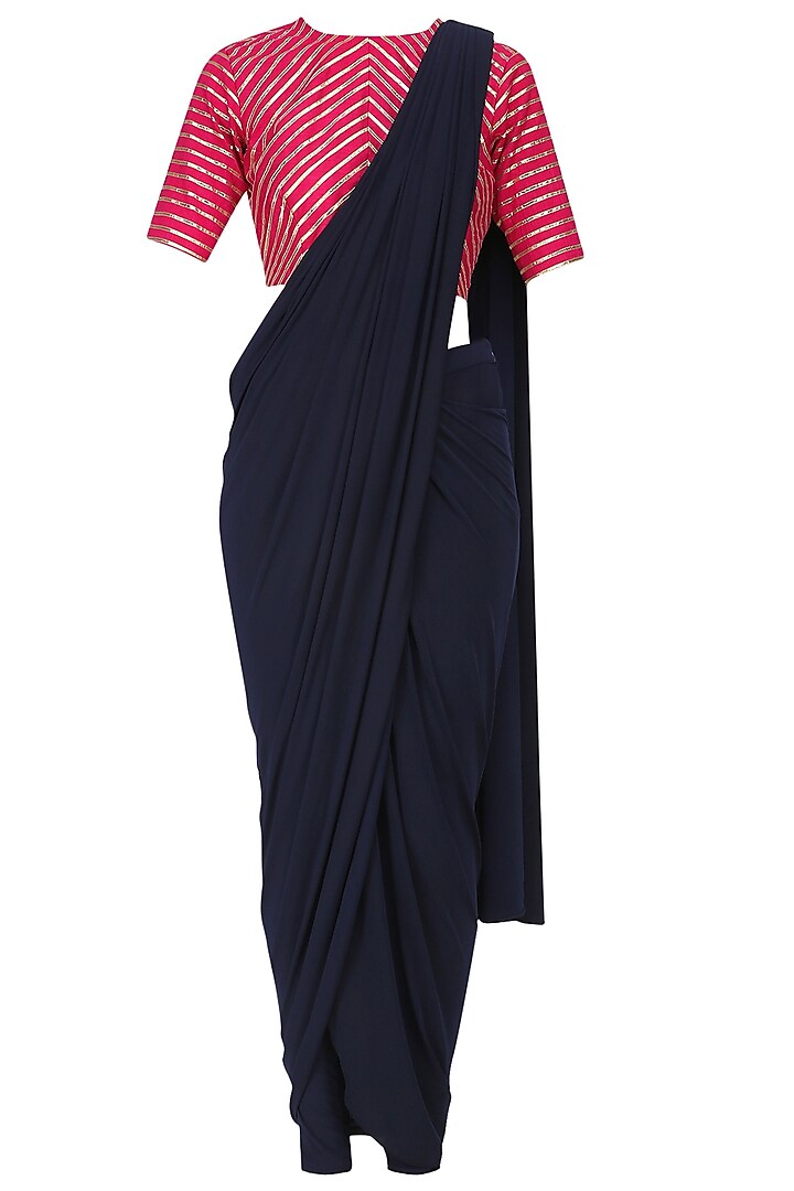 Navy Pre-Stiched Drape Saree with Pink Gota Work Blouse by Mint Blush