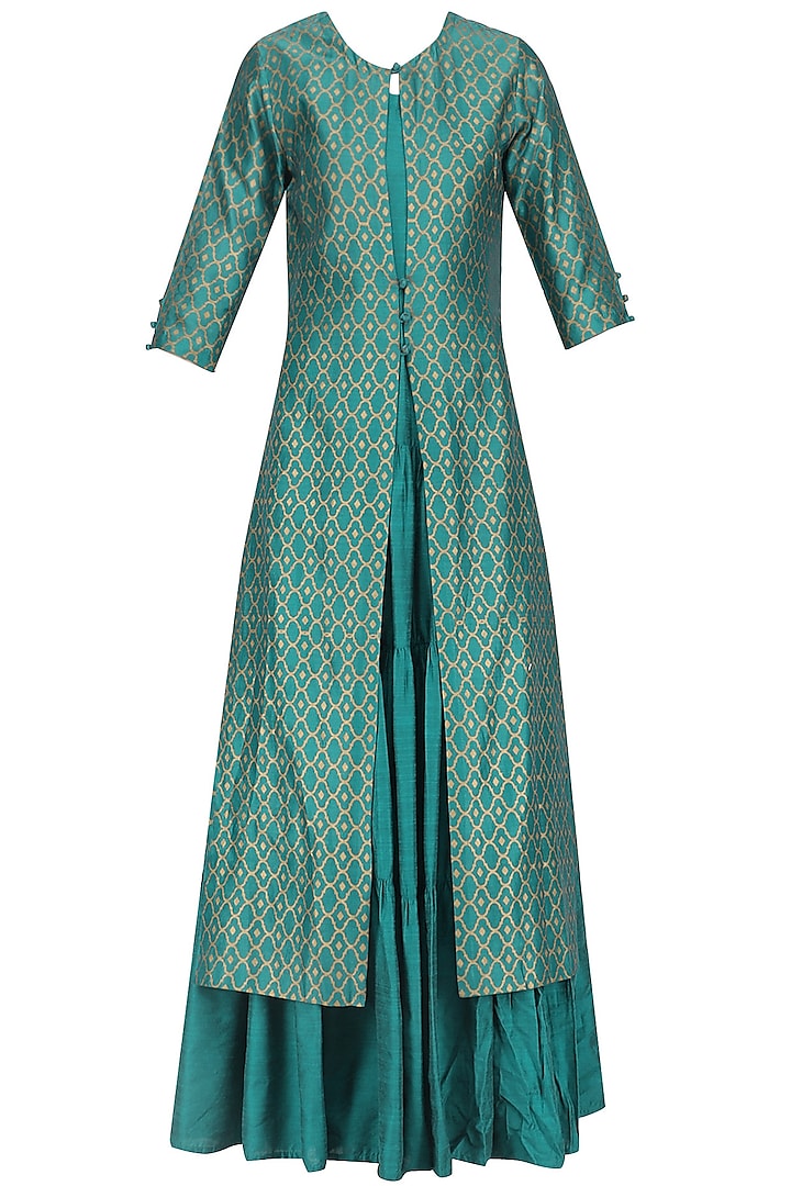 Deep Green Tiered Maxi Dress with Foil Print Long Jacket by Mint Blush