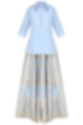 Light Blue Formal Shirt with Foil Print Kalidaar Skirt by Mint Blush
