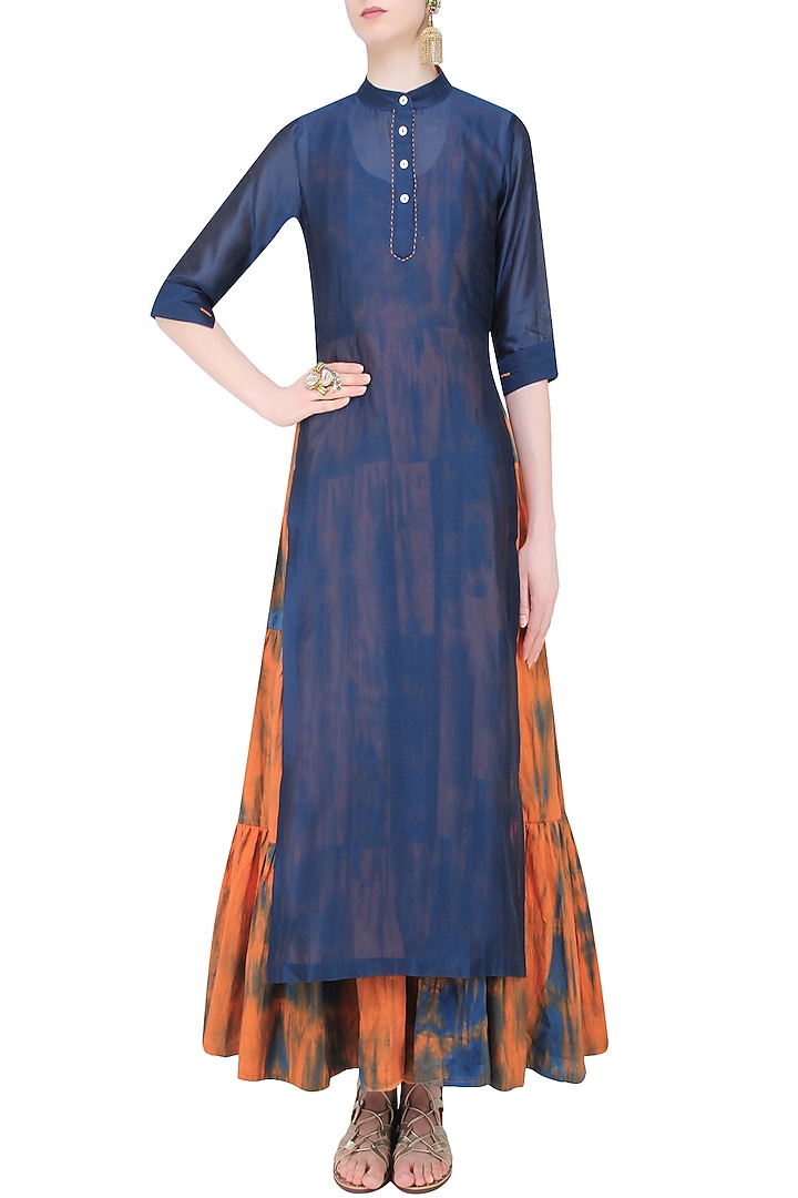 Navy plain kurta with orange tie and dye tiered dress available only at Pernia's Pop Up Shop.