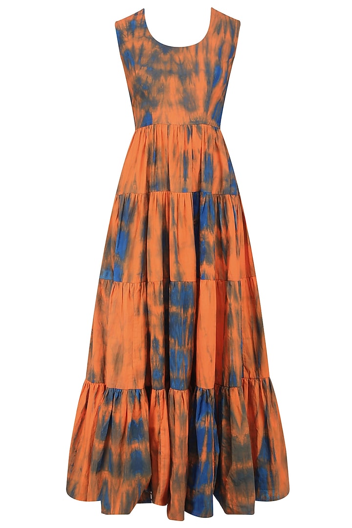 Navy plain kurta with orange tie and dye tiered dress available only at Pernia's Pop Up Shop.