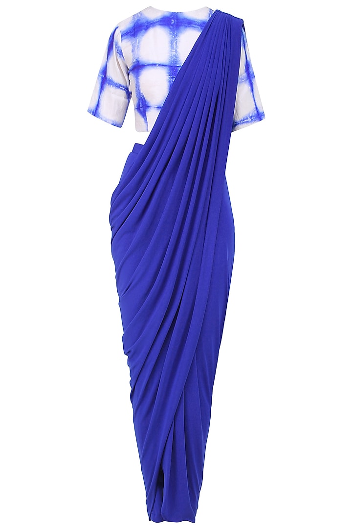 Royal Blue Draped Saree with Tie and Dye Blouse by Mint Blush