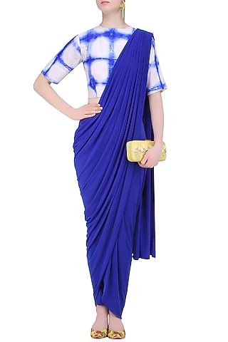 Royal Blue Draped Saree with Tie and Dye Blouse by Mint Blush