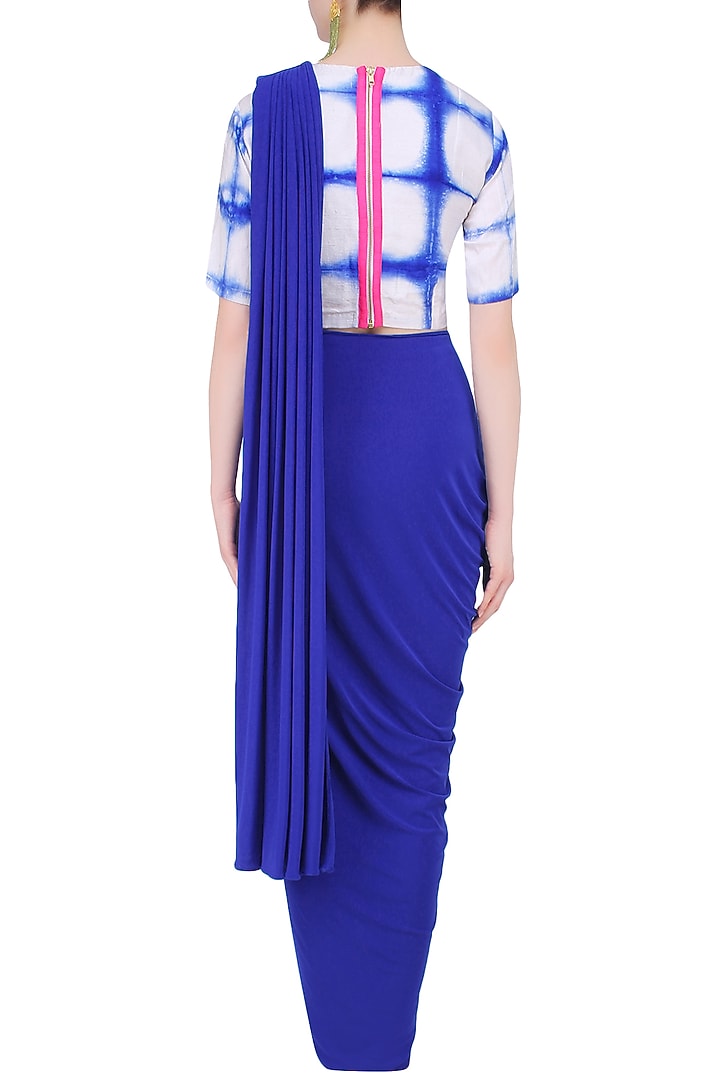 Royal blue draped saree with tie and dye blouse available only at Pernia's Pop Up Shop.