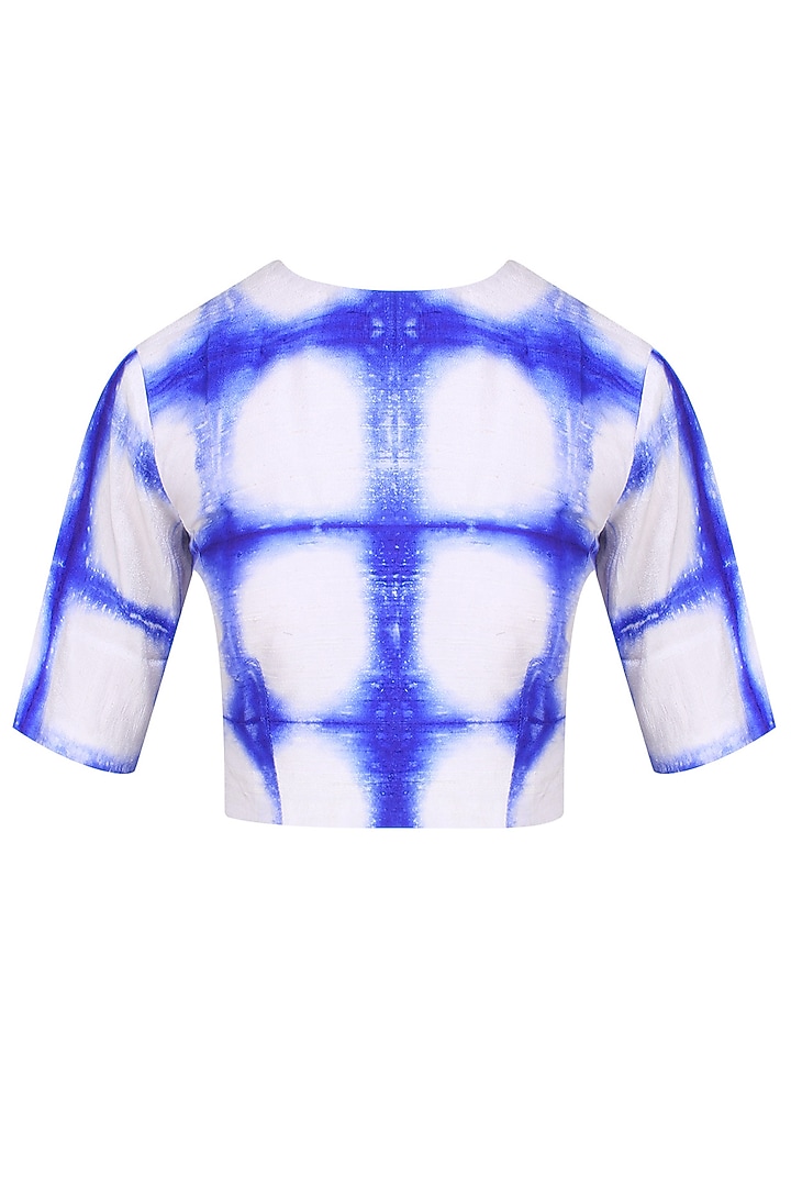 Royal blue draped saree with tie and dye blouse available only at Pernia's Pop Up Shop.