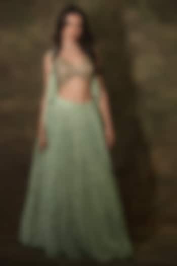 Pastel Green Georgette Mirror Embroidered Jacket Wedding Lehenga Set by Archana Kochhar at Pernia's Pop Up Shop