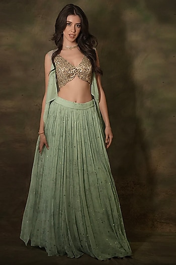 Pastel Green Georgette Mirror Embroidered Jacket Wedding Lehenga Set by Archana Kochhar at Pernia's Pop Up Shop