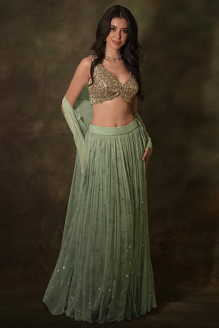 Pastel Green Georgette Mirror Embroidered Jacket Wedding Lehenga Set by Archana Kochhar at Pernia's Pop Up Shop