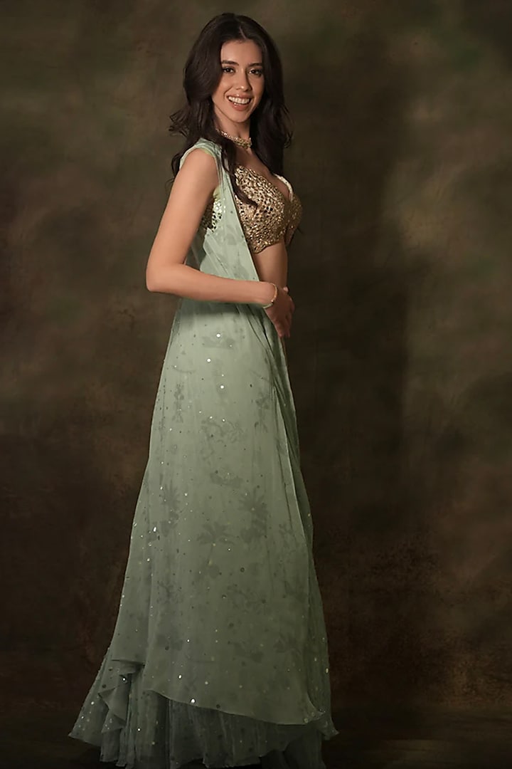 Pastel Green Georgette Mirror Embroidered Jacket Wedding Lehenga Set by Archana Kochhar at Pernia's Pop Up Shop