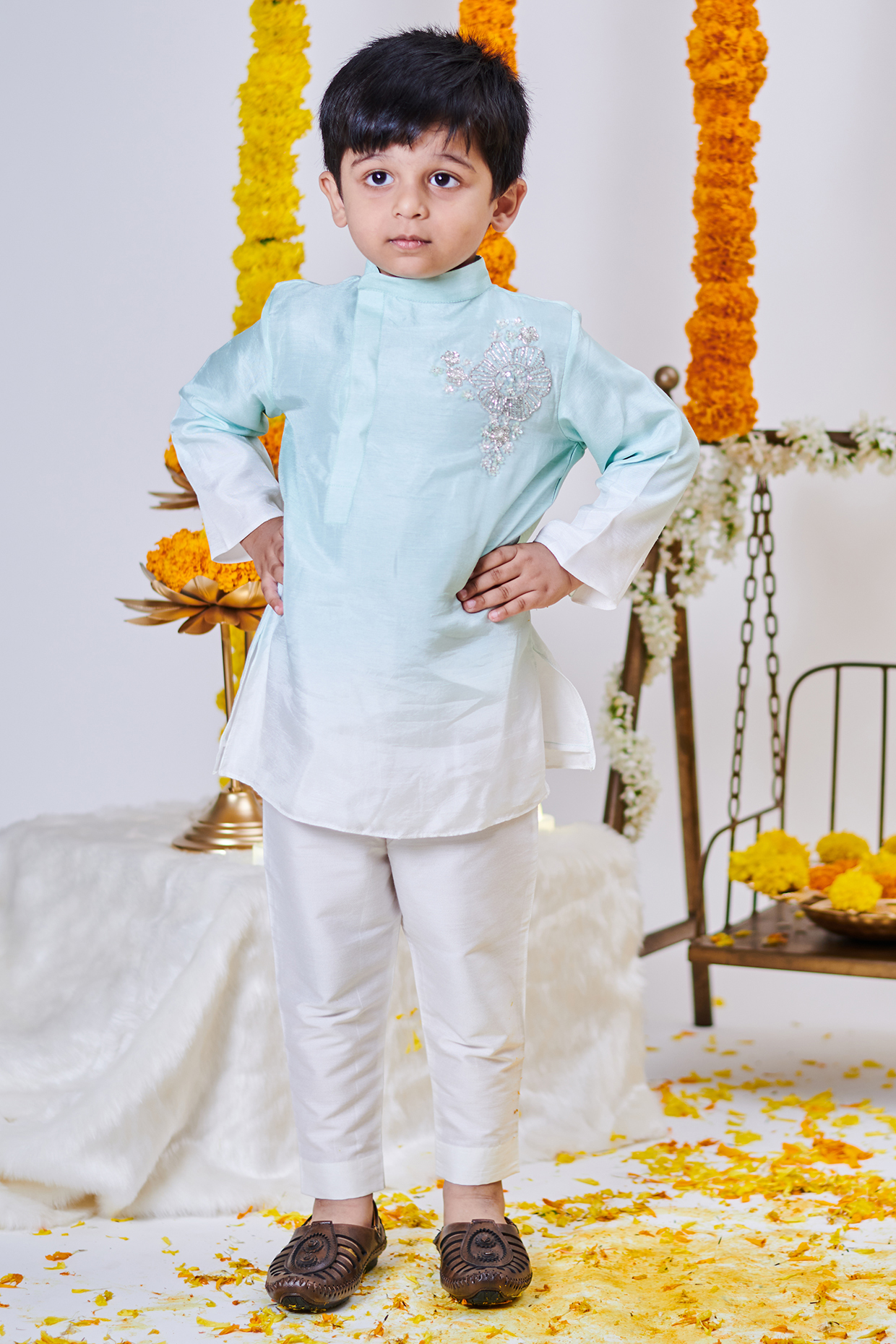 Mint Green Ombre Soft Silk Kurta Set For Boys by Mini N More at Pernia's Pop Up Shop