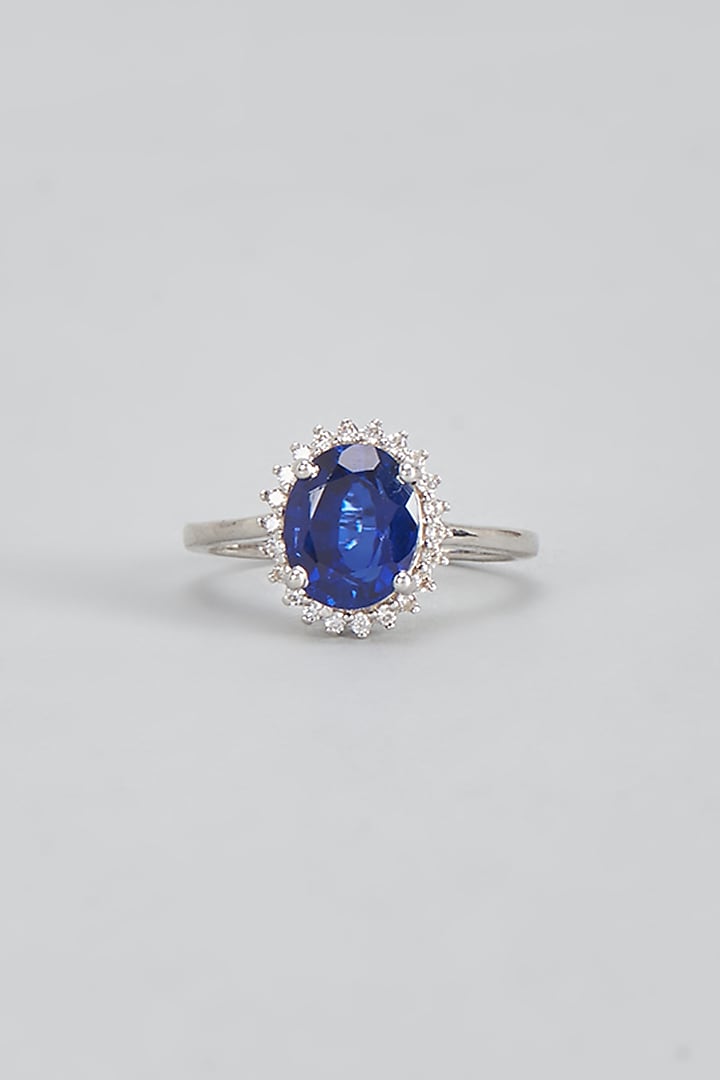 White Plated Cubic Zircon & Sapphire Stone Ring In Sterling Silver by Mirelle at Pernia's Pop Up Shop