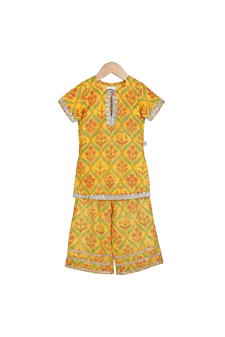 Yellow Embroidered Kurta With Pants For Girls by Mi Dulce An'Ya