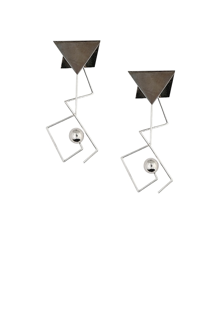Silver Finish Triangular Top And Silver Ball Drop Earrings by Misho