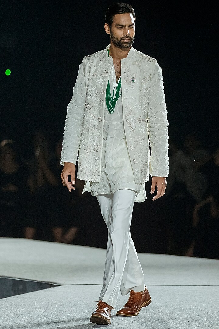 Ivory Pure Raw Silk Bundi Jacket Set by Mishru Men at Pernia's Pop Up Shop