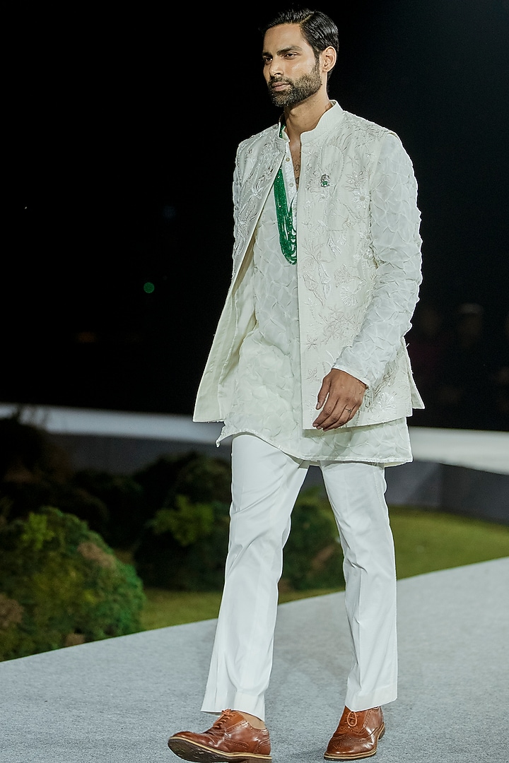 Ivory Pure Raw Silk Bundi Jacket Set by Mishru Men at Pernia's Pop Up Shop