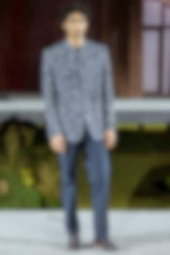 Navy Blue Silk Groom Bandhgala Set by Mishru Men at Pernia's Pop Up Shop
