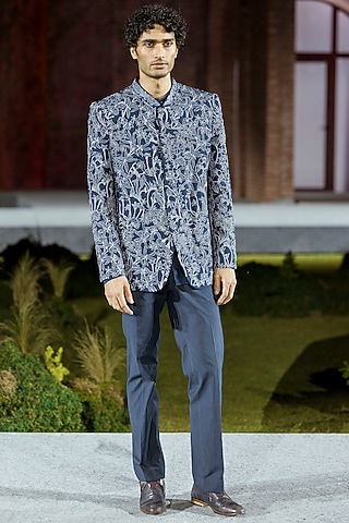 Navy Blue Silk Bandhgala Set by Mishru Men