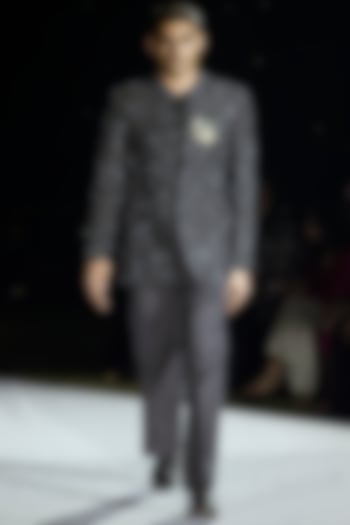 Black Silk Groom Bandhgala Set by Mishru Men at Pernia's Pop Up Shop