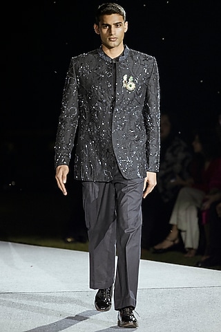 Black Silk Bandhgala Set by Mishru Men