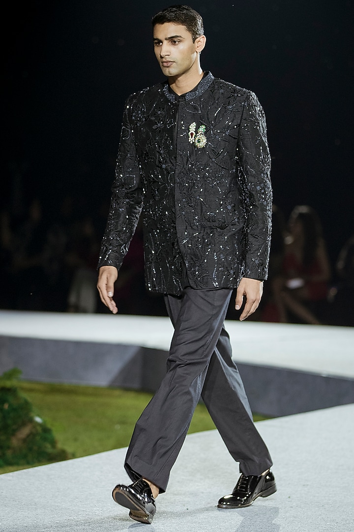 Black Silk Groom Bandhgala Set by Mishru Men at Pernia's Pop Up Shop