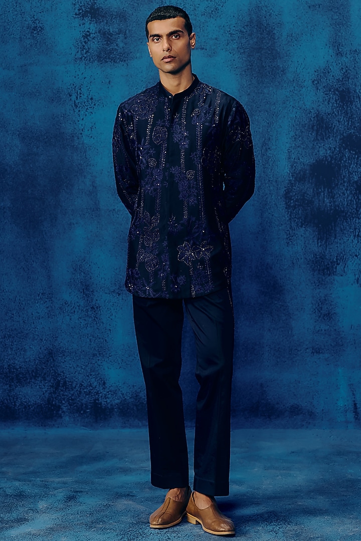 Navy Blue Chanderi Silk Co-Ord Set by Mishru Men at Pernia's Pop Up Shop