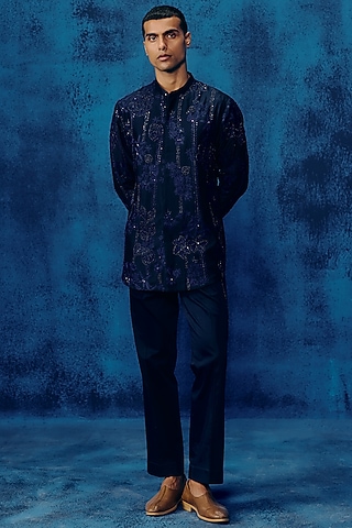 Navy Blue Chanderi Silk Co-Ord Set by Mishru Men