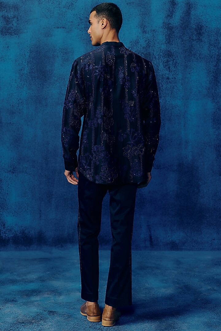 Navy Blue Chanderi Silk Co-Ord Set by Mishru Men at Pernia's Pop Up Shop