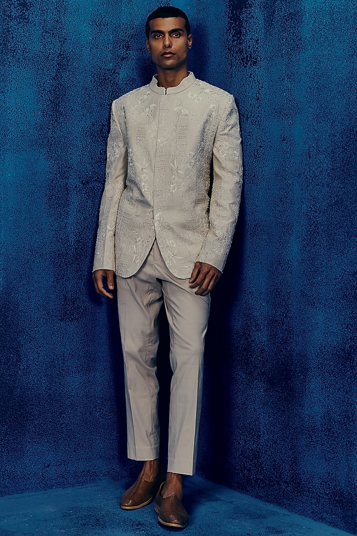 Champagne Dupion Groom Bandhgala Set by Mishru Men at Pernia's Pop Up Shop
