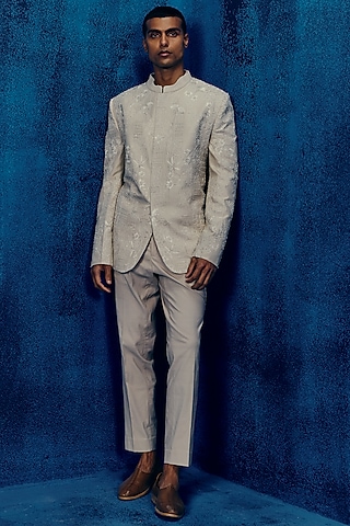Champagne Dupion Bandhgala Set by Mishru Men