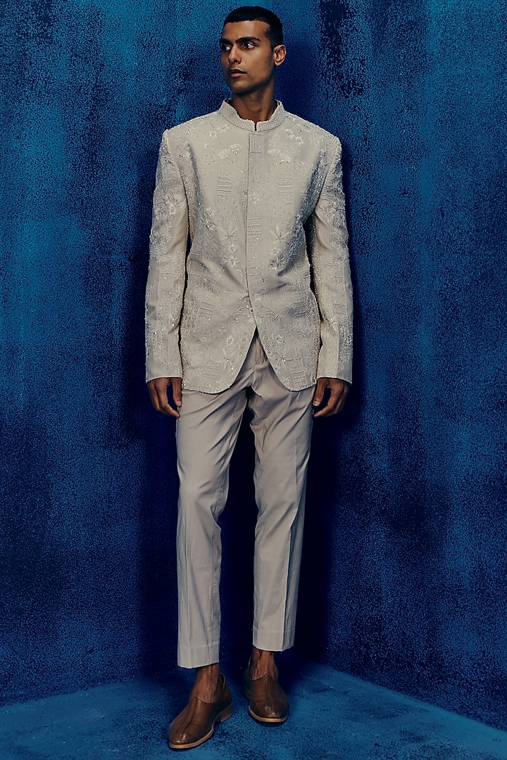 Champagne Dupion Groom Bandhgala Set by Mishru Men at Pernia's Pop Up Shop