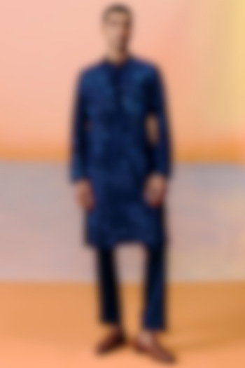 Navy Blue Chanderi Embroidered Kurta Set by Mishru Men at Pernia's Pop Up Shop