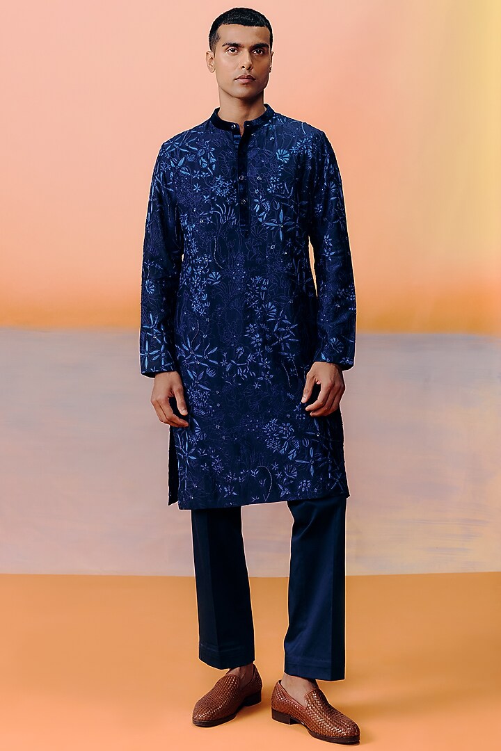 Navy Blue Chanderi Embroidered Kurta Set by Mishru Men at Pernia's Pop Up Shop