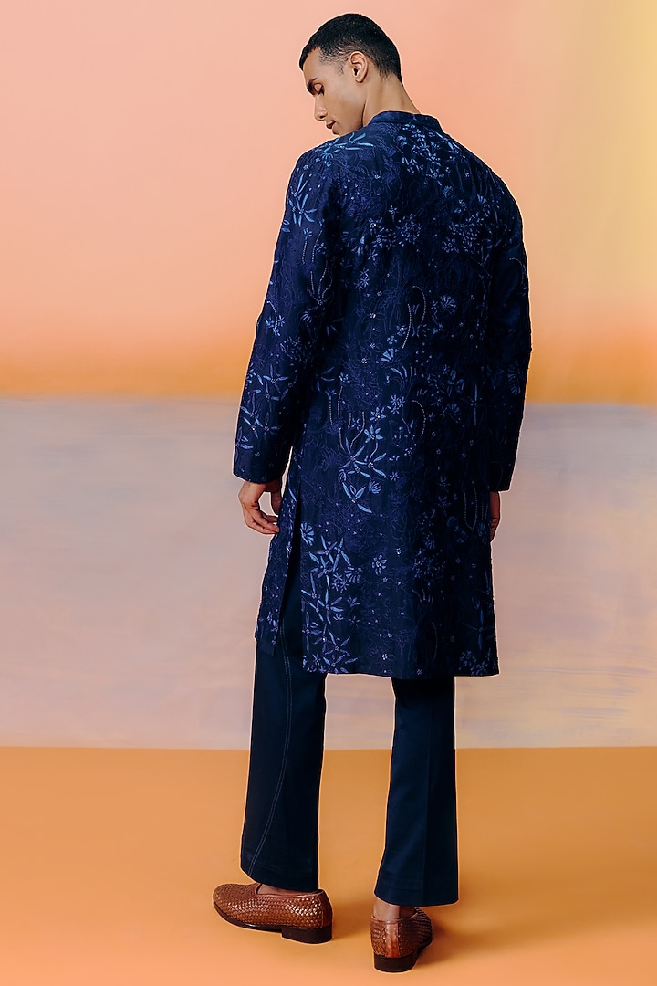 Navy Blue Chanderi Embroidered Kurta Set by Mishru Men at Pernia's Pop Up Shop
