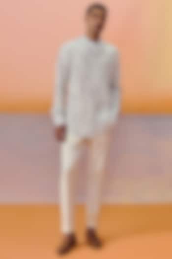 Cloudy Blue & Off-White Dupion Co-Ord Set by Mishru Men at Pernia's Pop Up Shop