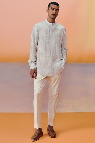 Cloudy Blue & Off-White Dupion Co-Ord Set by Mishru Men