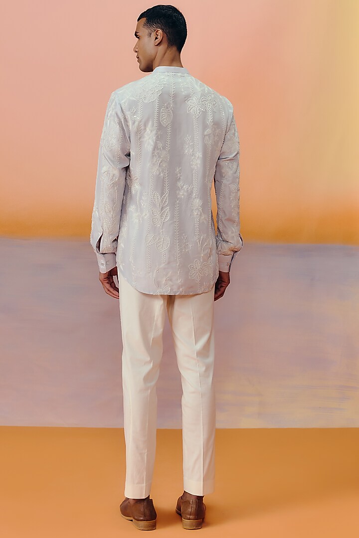 Cloudy Blue & Off-White Dupion Co-Ord Set by Mishru Men at Pernia's Pop Up Shop