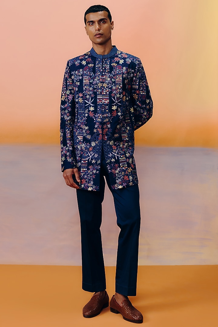 Navy Blue Dupion Abstract Embroidered Groom Sherwani Set by Mishru Men at Pernia's Pop Up Shop