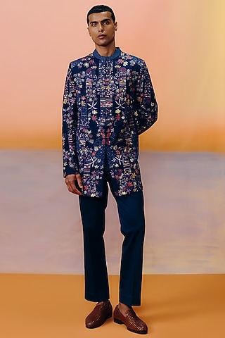 Navy Blue Dupion Abstract Embroidered Sherwani Set by Mishru Men