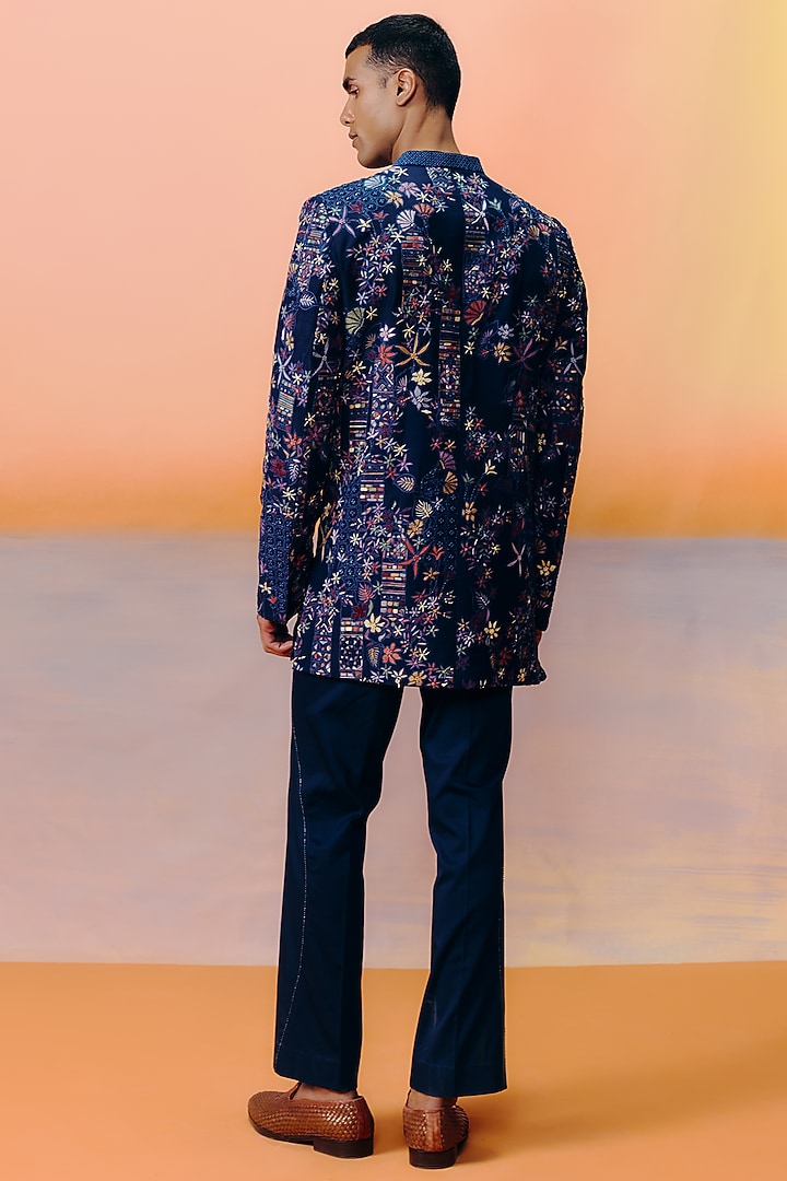 Navy Blue Dupion Abstract Embroidered Groom Sherwani Set by Mishru Men at Pernia's Pop Up Shop