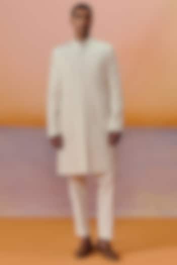 Beige Dupion Silk Embroidered Groom Sherwani Set by Mishru Men at Pernia's Pop Up Shop
