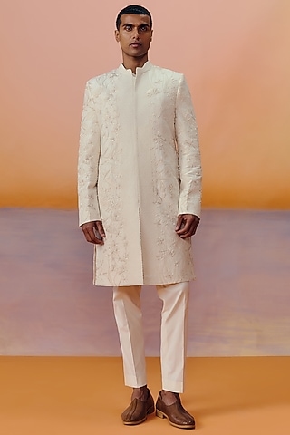 Beige Dupion Silk Embroidered Sherwani Set by Mishru Men