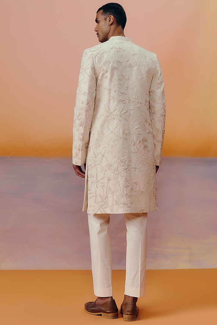 Beige Dupion Silk Embroidered Groom Sherwani Set by Mishru Men at Pernia's Pop Up Shop