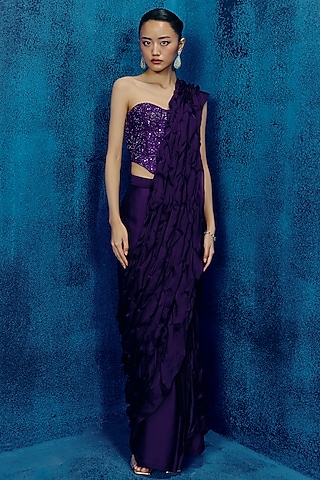 Purple Silk Smocked Saree Set by Mishru