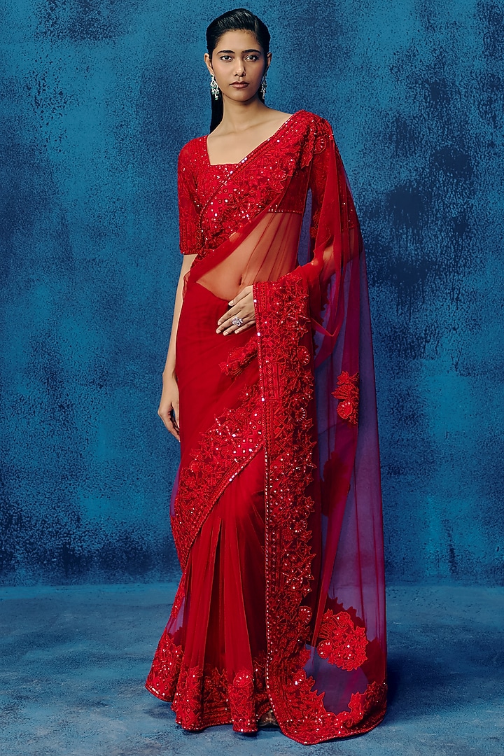 Red Silk Bridal Saree Set by Mishru at Pernia's Pop Up Shop
