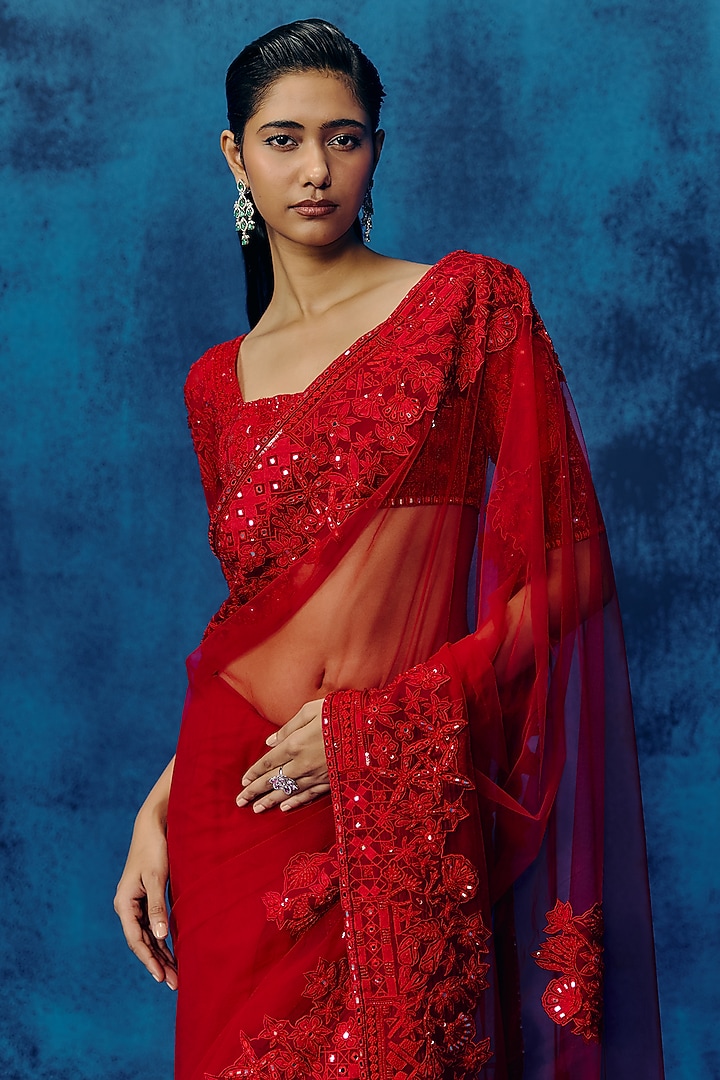 Red Silk Bridal Saree Set by Mishru at Pernia's Pop Up Shop