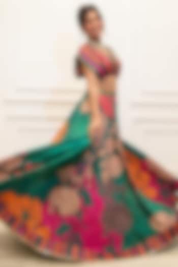 Bottle Green Gaji Satin Printed & Embellished  dulhan bday 22 may Lehenga Set by Basil Leaf at Pernia's Pop Up Shop