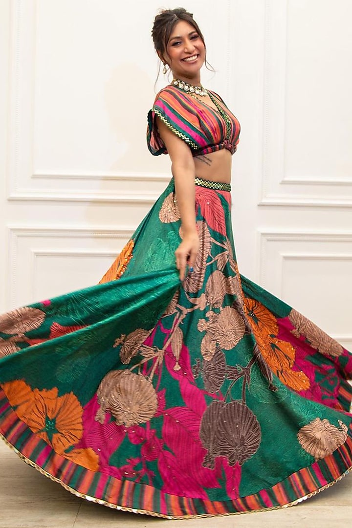 Bottle Green Gaji Satin Printed & Embellished  dulhan bday 22 may Lehenga Set by Basil Leaf at Pernia's Pop Up Shop