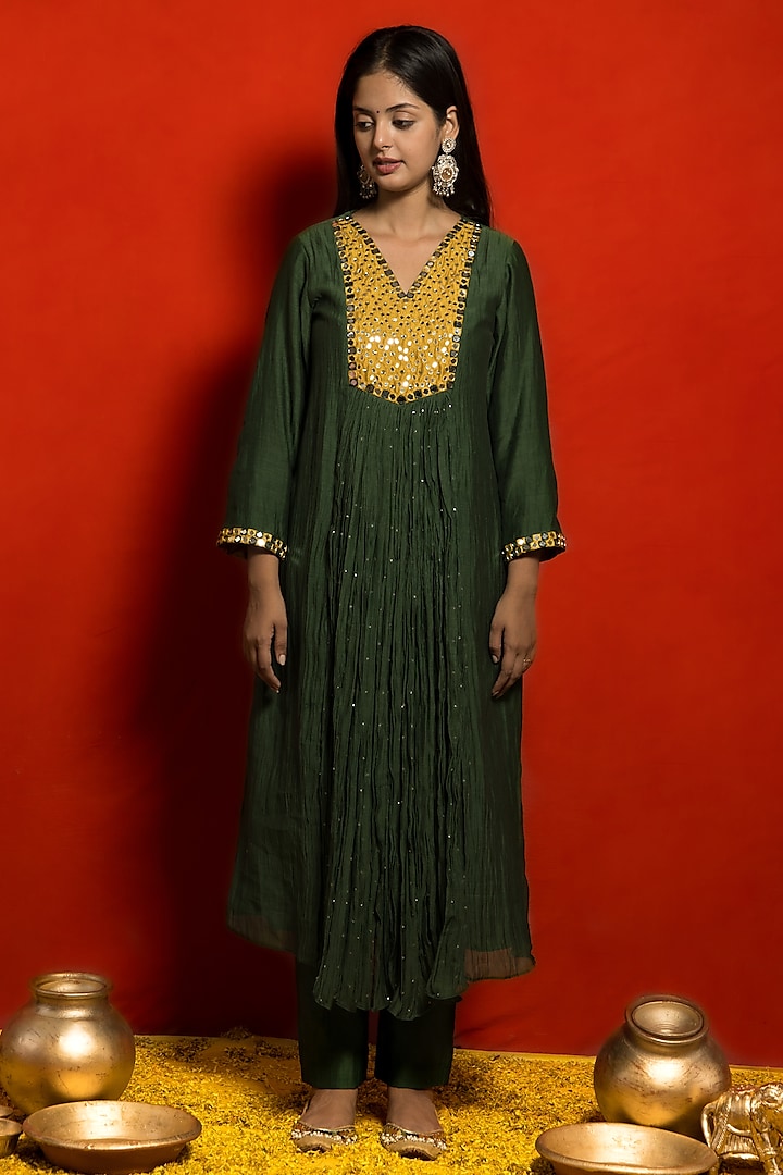 Bottle Green Malai Chanderi Hand Embroidered Gathered Panel Tunic Set by MITHI SUPARI at Pernia's Pop Up Shop